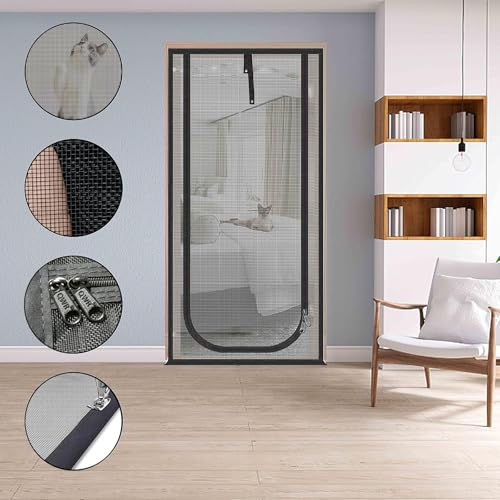 QWR Upgraded Pet Screen Door,Fits Door Opening Size 34''x 83'',Thickened Cat Resistant Mesh Screen Door for Living Room,Kitchen,Bedroom,Cat Proof Screen with Zipper Closure.(U-Type,Black) - Image 3