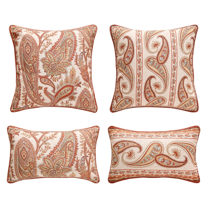 ISAENNE Design Linen Classic Vintage Throw Pillow Covers Set of 4, Lumbar Square Cushion Covers with Orange Yellow Paisley Style Pattern Decoration Pillowcases for Bed,Living Room,Outdoor,Car - Image 1