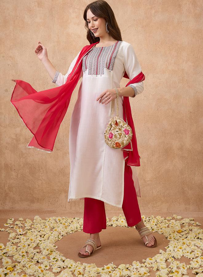 globus Embroidered Yoke Straight Kurta, Pants and Dupatta Ethnic Set - Image 1