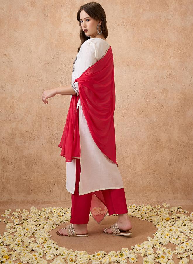 globus Embroidered Yoke Straight Kurta, Pants and Dupatta Ethnic Set - Image 3