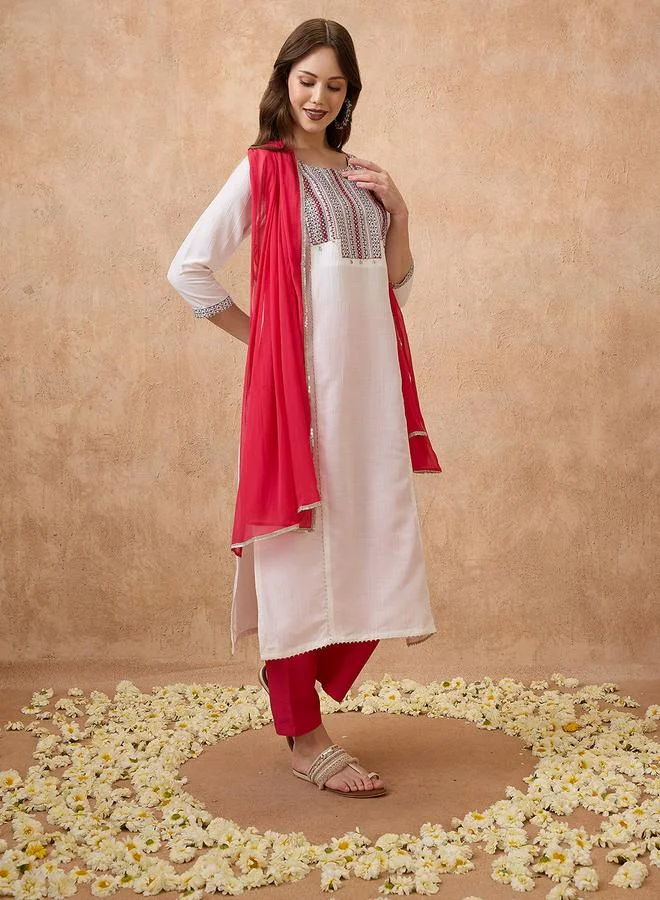 globus Embroidered Yoke Straight Kurta, Pants and Dupatta Ethnic Set