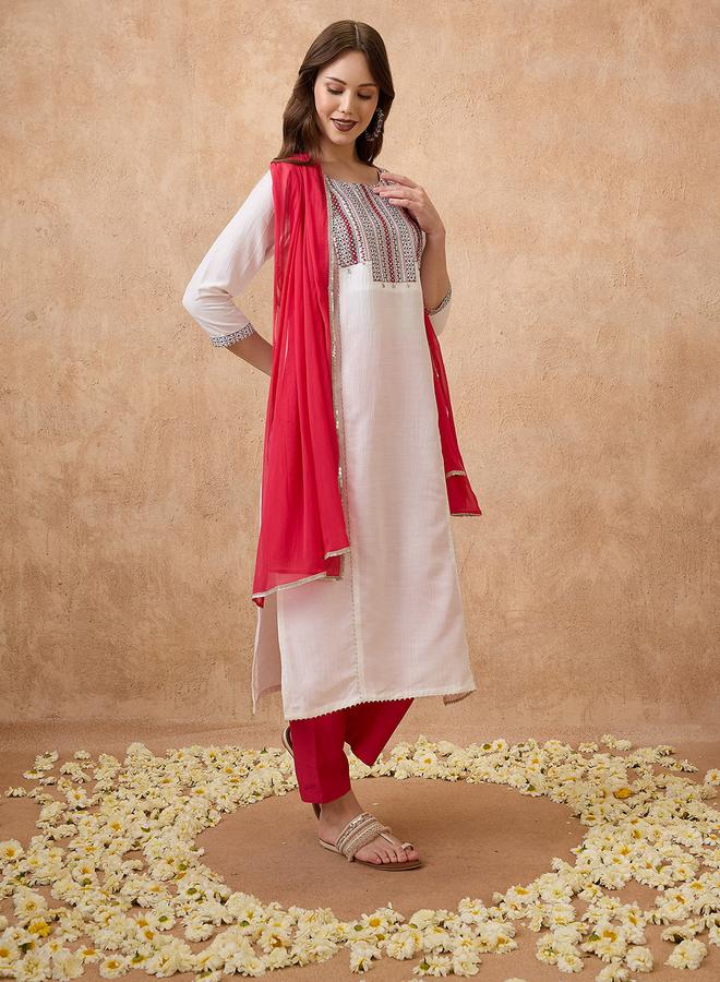 globus Embroidered Yoke Straight Kurta, Pants and Dupatta Ethnic Set - Image 2