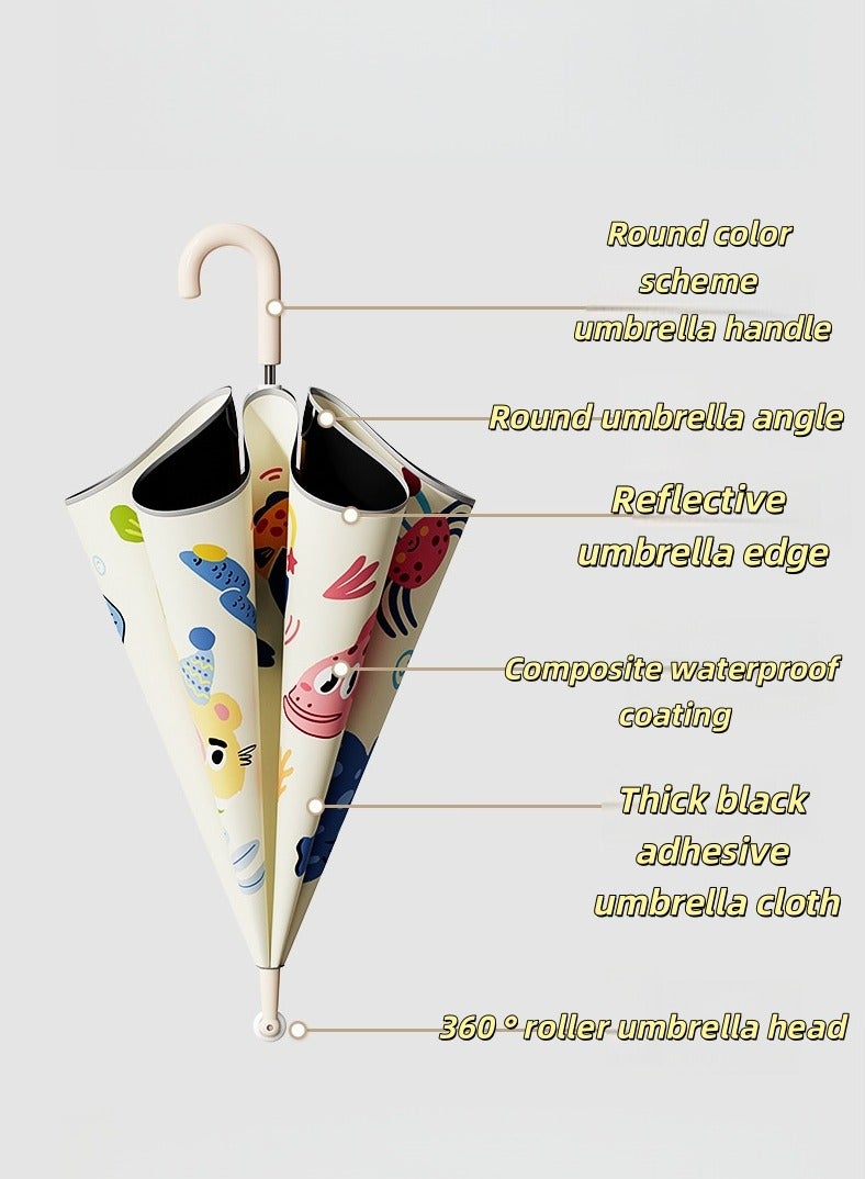مظلة أطفال كرتونية طويلة المقبض، مقاومة للرياح والمطر والأشعة فوق البنفسجية، مزودة بشرائط عاكسة عالية السطوع لضمان السلامة ليلاً، وتصميم آمن للفتح والإغلاق. إنها مظلة مطر آمنة مناسبة للأولاد والبنات. - Image 5