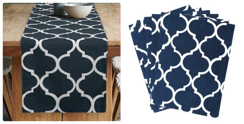 Dekor World Ogee Printed Navy Blue Table Runner with 4 Pcs Place Mat (33x120cm/33x47cm) (Pack of 5 Pcs)-4 Seater Dinning & Center Table - Image 1