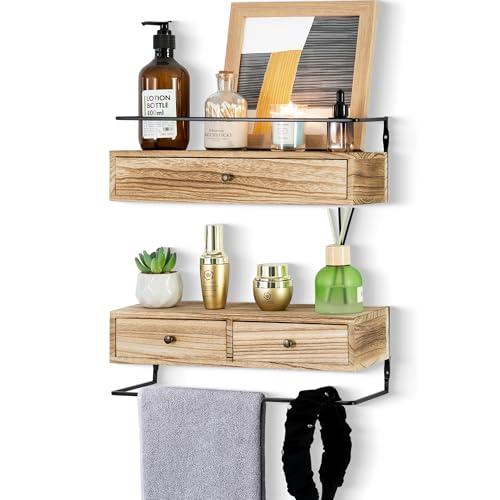 DreamPossible Floating Shelves Wall Mounted Bathroom Shelf Set of 2 with Drawers Rustic Wood Shelves for Bedroom Living Room Kitchen Wall Decor Plants Books Brown - Image 1