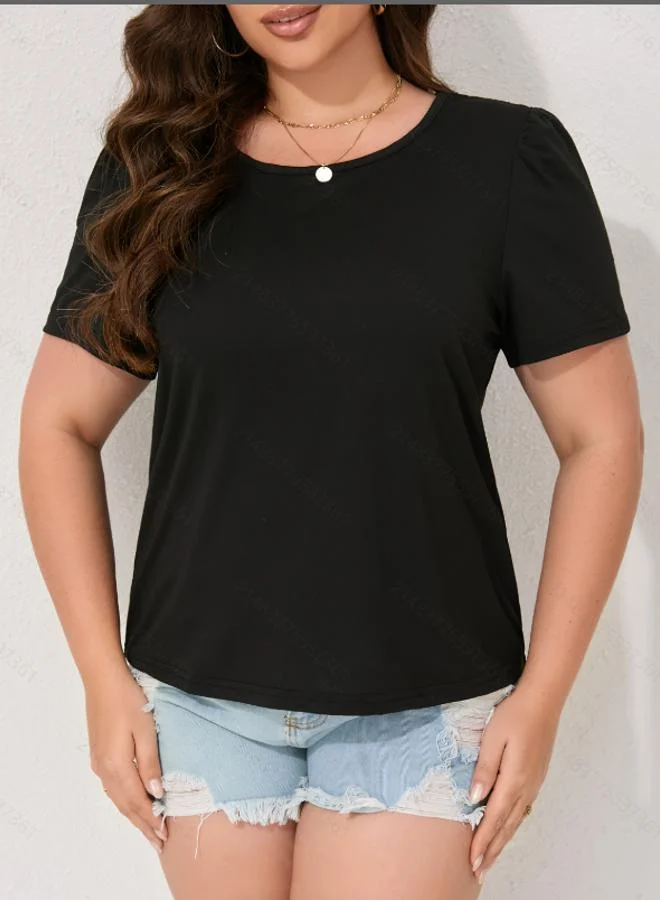 Take Two Plus Size Black Solid Short Sleeves Top