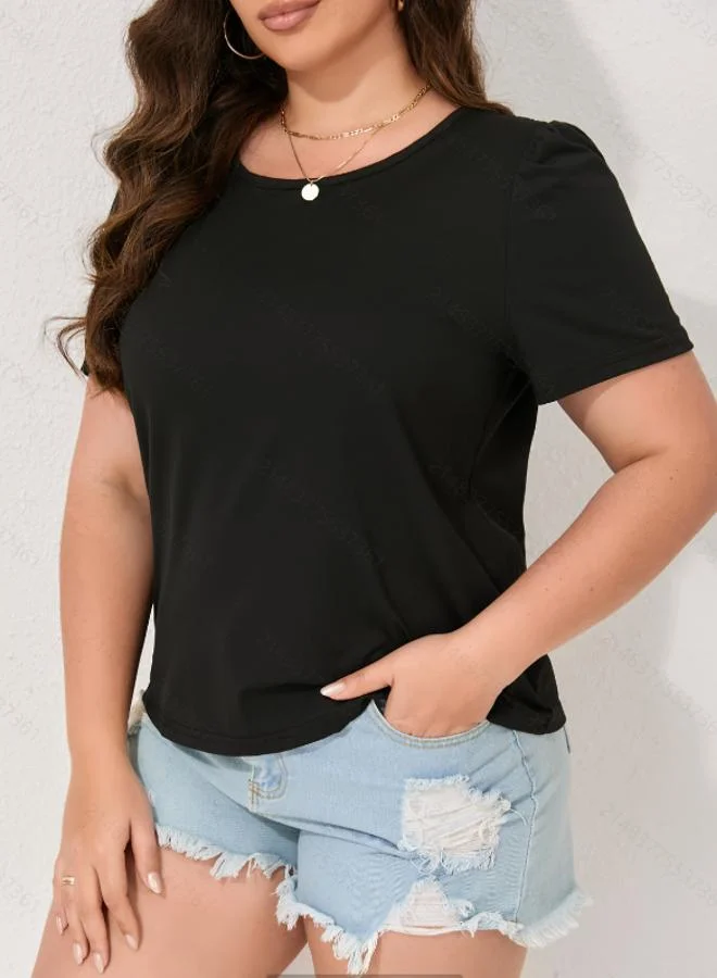 Take Two Plus Size Black Solid Short Sleeves Top
