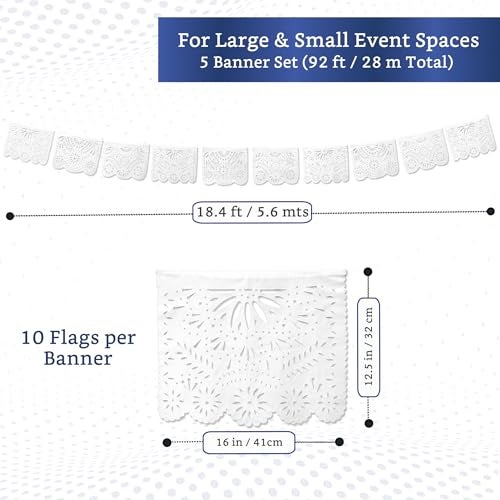 FIESTA WRAPS White Papel Picado Banner (5 Pack - 10 Plastic Flags per Banner) - White Mexican Banners for Parties and Weddings - Mexican Themed Party Decorations - Papel Picado Mexicano para Decoraciones - Image 2