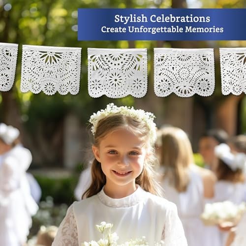 FIESTA WRAPS White Papel Picado Banner (5 Pack - 10 Plastic Flags per Banner) - White Mexican Banners for Parties and Weddings - Mexican Themed Party Decorations - Papel Picado Mexicano para Decoraciones - Image 5