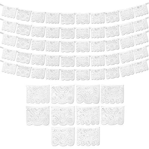 FIESTA WRAPS White Papel Picado Banner (5 Pack - 10 Plastic Flags per Banner) - White Mexican Banners for Parties and Weddings - Mexican Themed Party Decorations - Papel Picado Mexicano para Decoraciones - Image 1