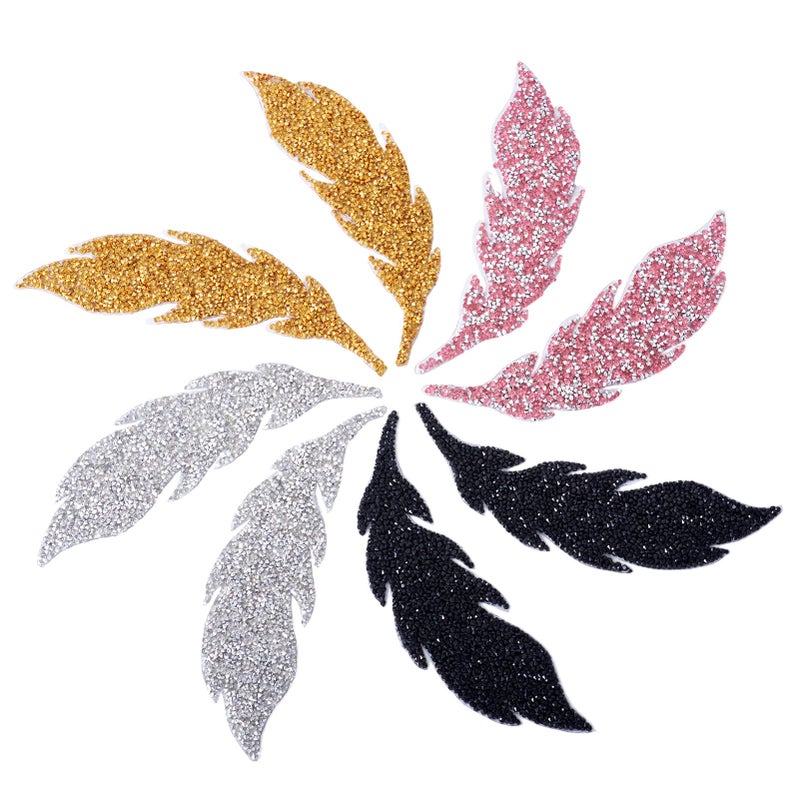 Craftdady 8pcs Crystal Rhinestone Iron on Patches Leaf Feather Hotfix Patches Appliques Embellishment Badges for Clothes Bags Jeans Jackets Hats Shoes Decoration 4 Colors