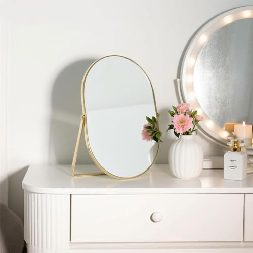 Feyarl Oval Vanity Table Mirror 12x8 Inch Desk Makeup Mirror Decorative Standing Cosmetic Mirror for Bedroom Bathroom Desk Dresser Table Desktop (Gold) - Image 3