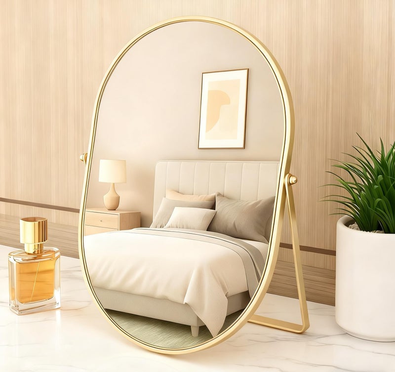 Feyarl Oval Vanity Table Mirror 12x8 Inch Desk Makeup Mirror Decorative Standing Cosmetic Mirror for Bedroom Bathroom Desk Dresser Table Desktop (Gold) - Image 1