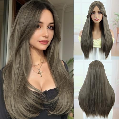 Creamily Straight Long Hair Wig for Woman,Synthetic Hair Big for Women Full Head,Chemo Patients,Natural Looking Full Head Wig for Daily/Wedding/Party (Mousy Brown, 23 Inch) - Image 1