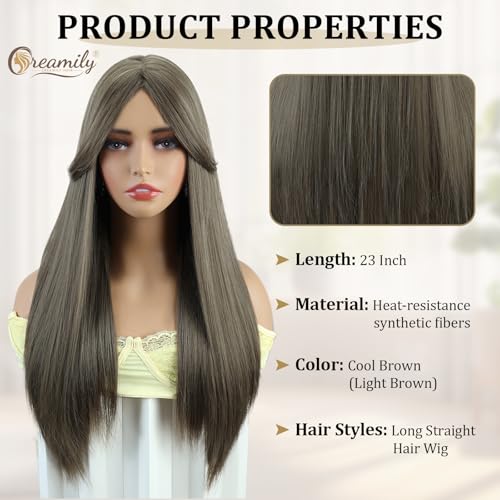 Creamily Straight Long Hair Wig for Woman,Synthetic Hair Big for Women Full Head,Chemo Patients,Natural Looking Full Head Wig for Daily/Wedding/Party (Mousy Brown, 23 Inch) - Image 3