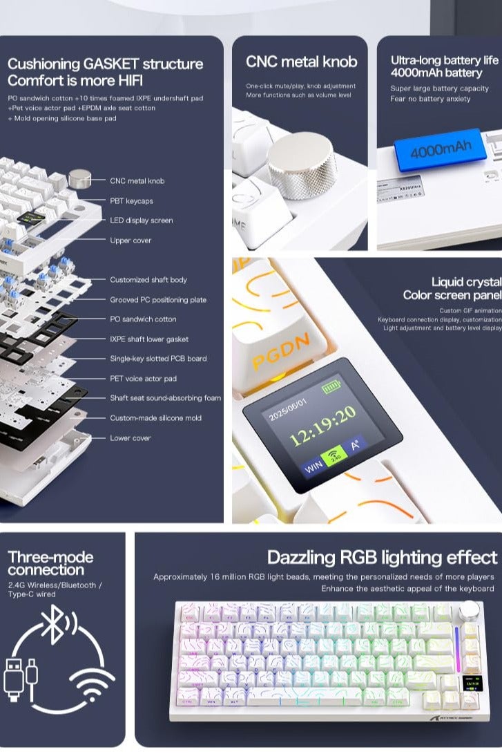 Attack Shark X820 Ultra Wireless Gaming Mechanical Keyboard with TFT Smart Display&Knob,75% Hot Swappable Custom Gasket-Mounted Keyboard,Tri-Mode(Wired/2.4GHz/BT)-Moonlit Night&Shark Switch - Image 3