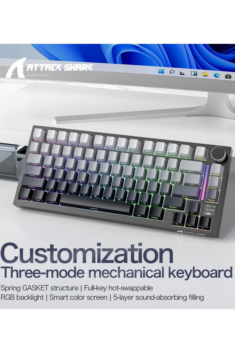 Attack Shark X820 Ultra Wireless Gaming Mechanical Keyboard with TFT Smart Display&Knob,75% Hot Swappable Custom Gasket-Mounted Keyboard,Tri-Mode(Wired/2.4GHz/BT)-Moonlit Night&Shark Switch - Image 2