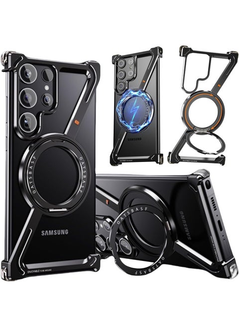 Z-Shaped Metal Frameless Case for Samsung Galaxy S24/S24 Plus/S24 Ultra, Compatible with MagSafe 360°Rotating Kickstand One-Click Detachable, Lightweight