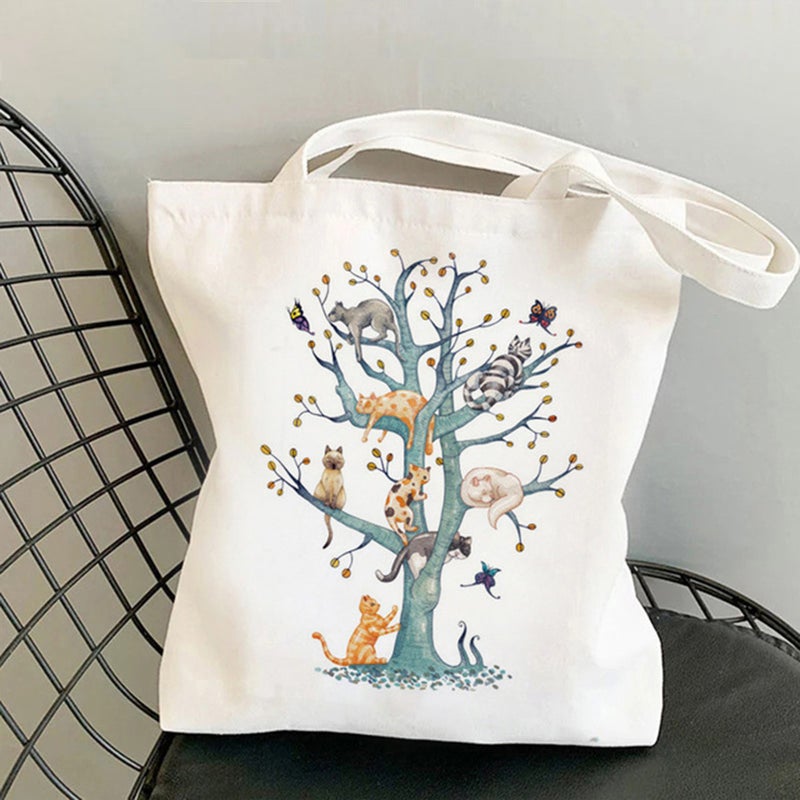 Popular Personification Cat Printed Canvas Bag Shoulder Student Fashion Tote Bag - Image 2