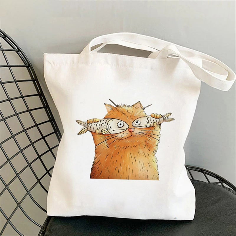 Popular Personification Cat Printed Canvas Bag Shoulder Student Fashion Tote Bag - Image 3