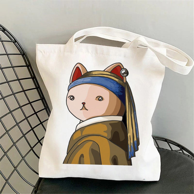Popular Personification Cat Printed Canvas Bag Shoulder Student Fashion Tote Bag - Image 1