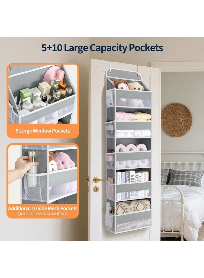 Yecaye Over The Door Organizer Storage, 5-Tier Heavy Duty Door Organizers Hanging with 10 Side Mesh Pockets, 44 lbs Load Capacity Behind Door Storage for Bathroom Nursery Bedroom Dorm Closet, Grey - Image 2