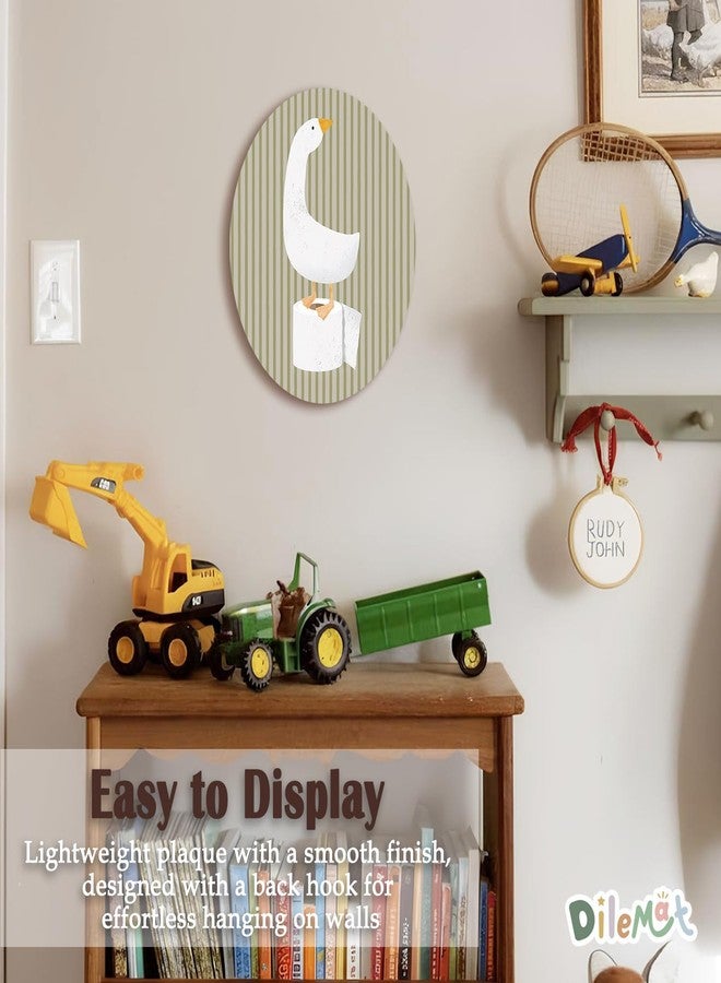 Dilemat Kids Bathroom Goose Nursery Wall Art Decor,Funny Farm Animal Oval Wall Art,Funny Goose Nursery Neutral Striped Wooden Sign Hanging Decor for Kids Boys Girls Toddler Bathroom 8x10 Inch - Image 4
