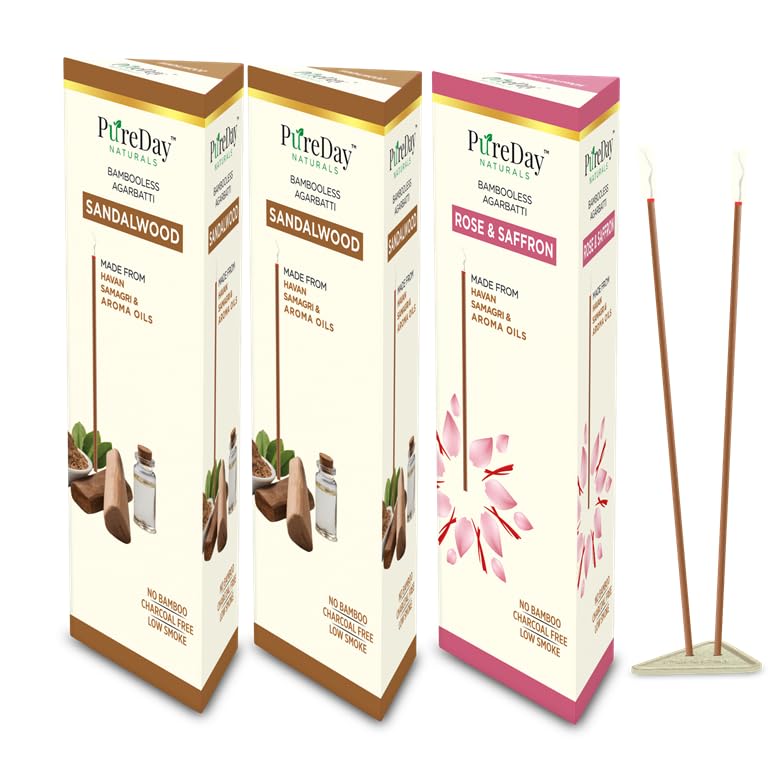 PureDay PureDay Bambooless Agarbatti 200 Dhoop Sticks Pack of 3 Sandalwood 160 Sticks Rose Saffron 40 Sticks No Bamboo No Charcoal Lasting Aroma Free Ceramic Stand - Image 1