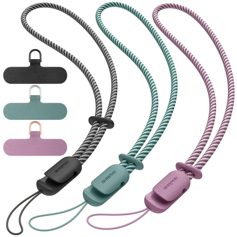 SURPHY 3 Pack Phone Wrist Strap with CellPhone Tether Tab, Cellphone Lanyard, Anti Theft Phone Strap with 2-Color Braided, Wrist Lanyard for Women and Men, Black & Green & Lilac Purple - Image 1