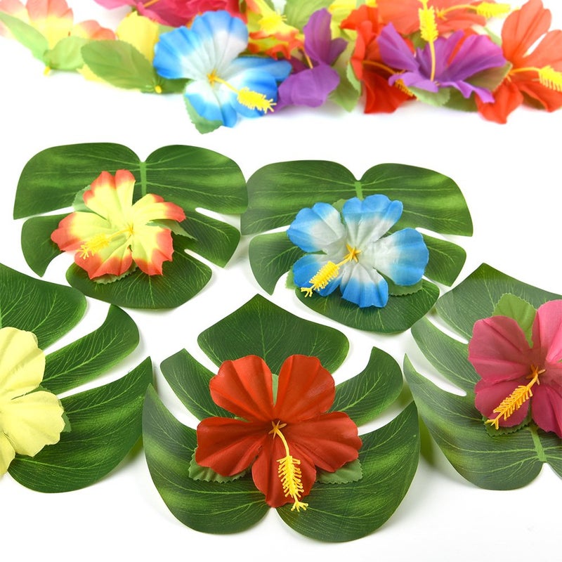 KUUQA 60 Pcs Tropical Party Decoration Supplies 8" Palmtera Hibiscus Leaves and Flowers, Simulation Leaf for Hawaiian Luau Party Jungle Beach Theme Table Decorations - Image 3