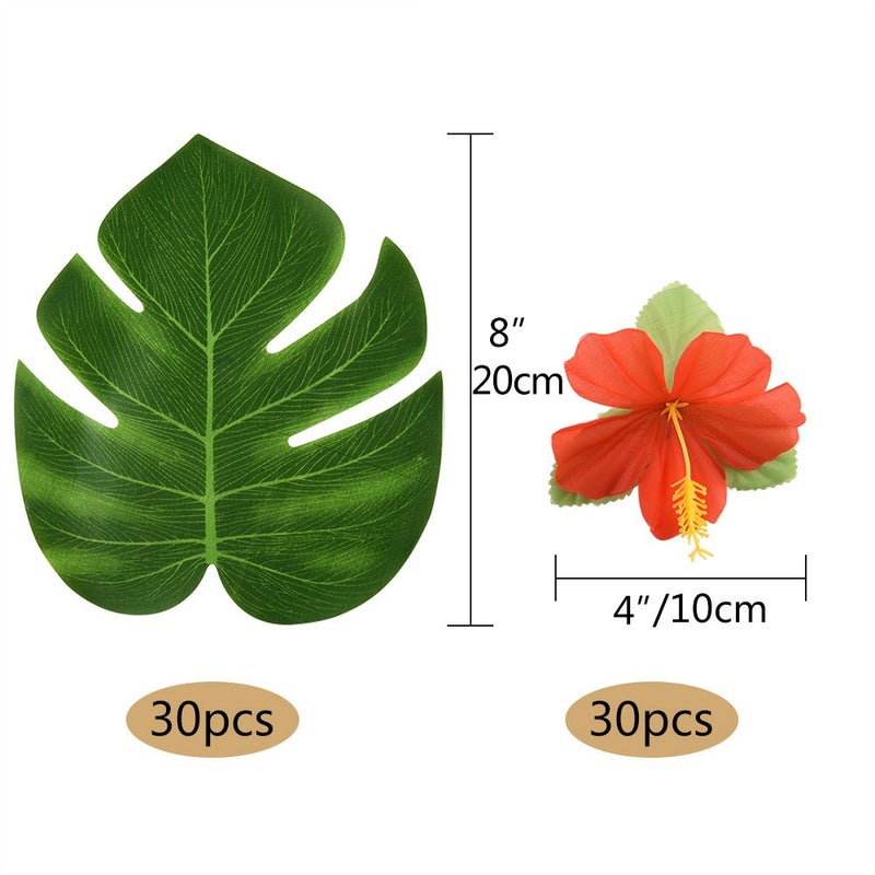 KUUQA 60 Pcs Tropical Party Decoration Supplies 8" Palmtera Hibiscus Leaves and Flowers, Simulation Leaf for Hawaiian Luau Party Jungle Beach Theme Table Decorations - Image 2