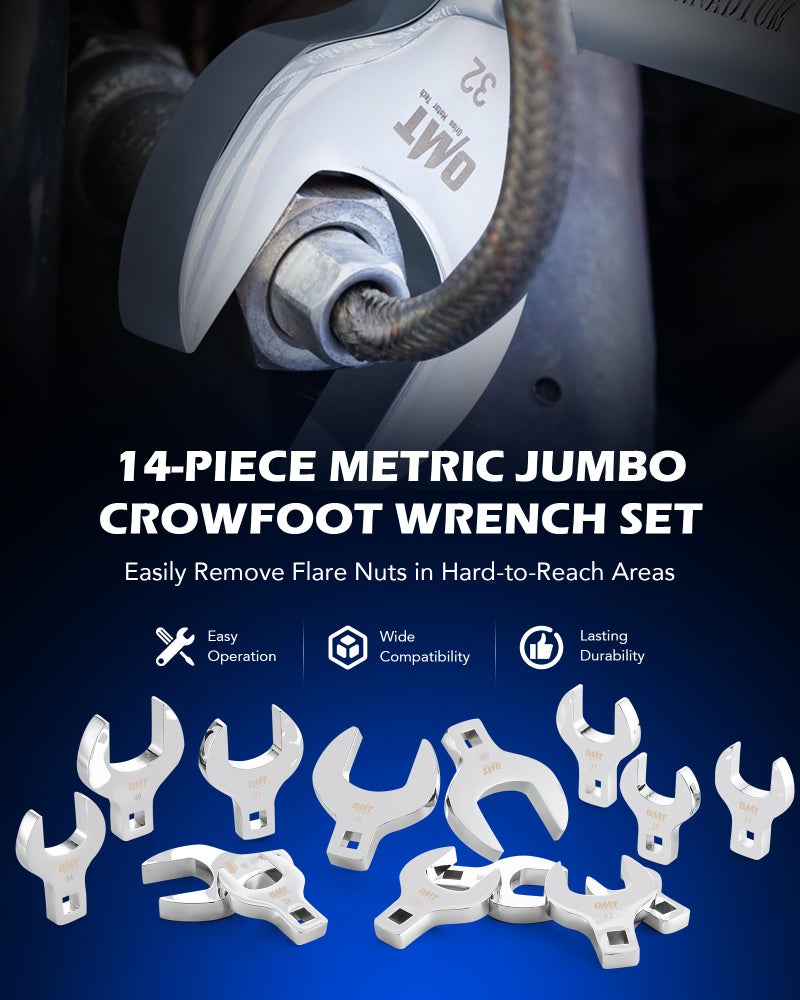 Orion Motor Tech 14pc Jumbo Crowfoot Wrench Set, Metric Crows Foot Wrench Set for 27 to 50 mm Flare Nuts, Chrome Plated Cr-V Steel Crowfoot Wrenches for 1/2" Drive Rachet & Extender with Storage Case - Image 2
