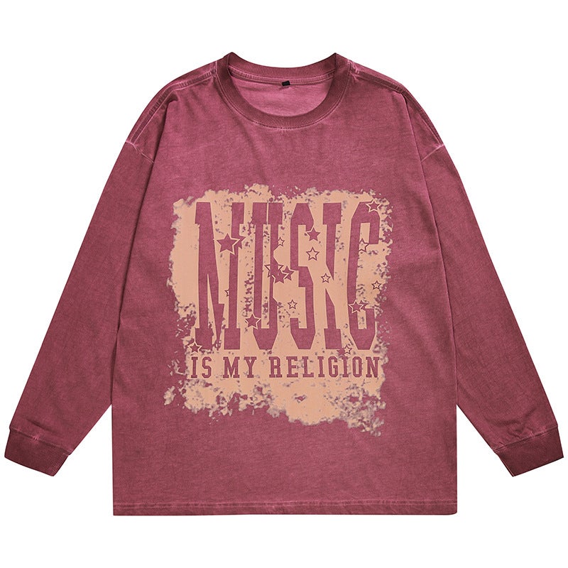 F1270 | Plus size men''s autumn new 280g cotton printed long-sleeved T-shirt fried color distressed retro top for men - Image 1