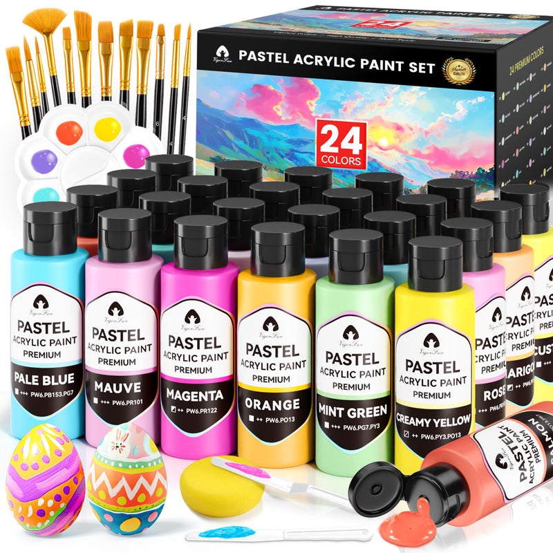 Vigorfun 64 Pcs Pastel Acrylic Paint Set with 12 Brushes, 2 Knives & Palette, 48 Colors (2oz/60ml) - for Adults, Artists & Beginners - Canvas Ceramic Rock Wood Egg Painting Kit - Image 1
