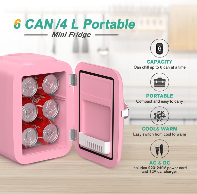 Crownful Mini Fridge, 4 Liter/6 Can Portable Cooler and Warmer Personal Refrigerator for Skin Care, Cosmetics, Beverage, Food,Great for Bedroom, Office, Car, Dorm, ETL Listed (Pink) - Image 2