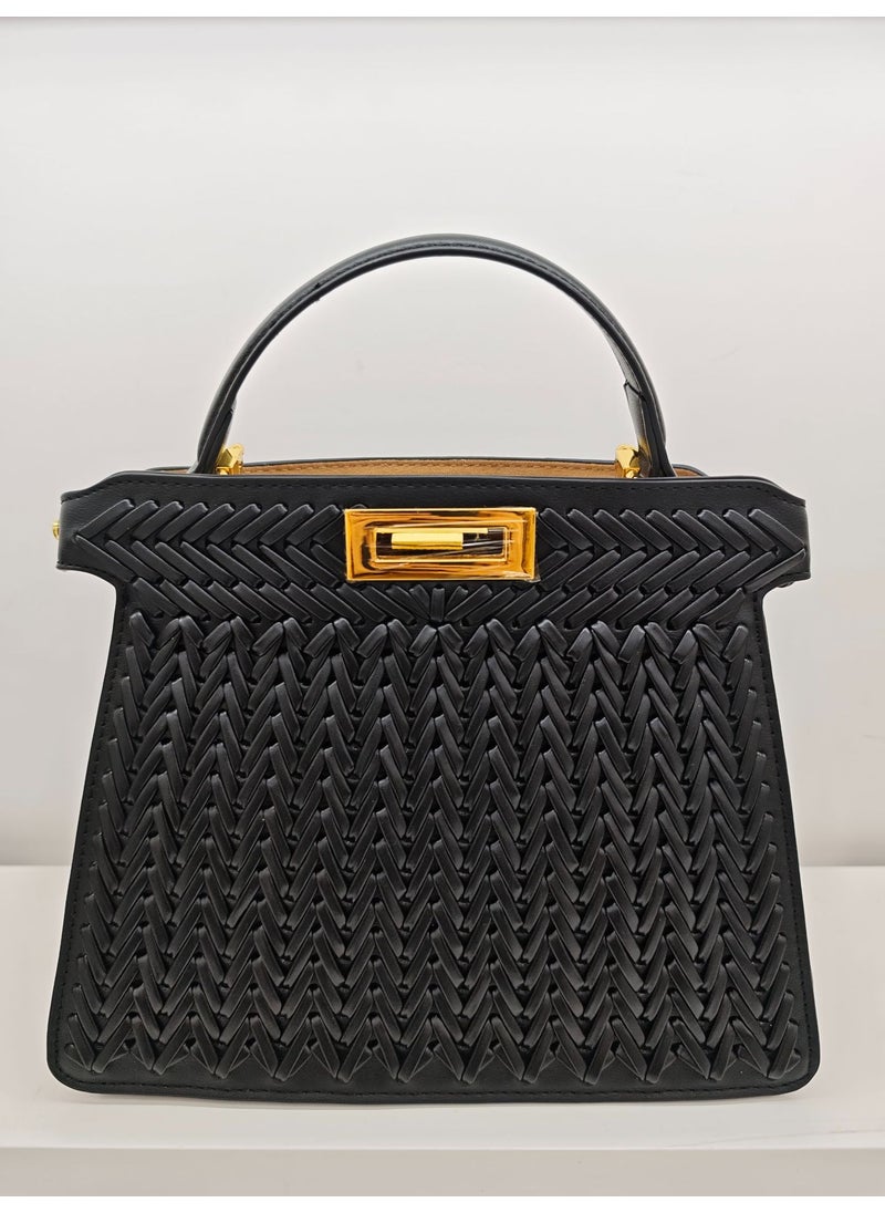 Generic - Handwoven Handbag Hollow out Shoulder Crossbody Bag Versatile Chic Small Batch Craftsmanship Basket Weave Medium Size Lock Buckle Closure Black - Image 1