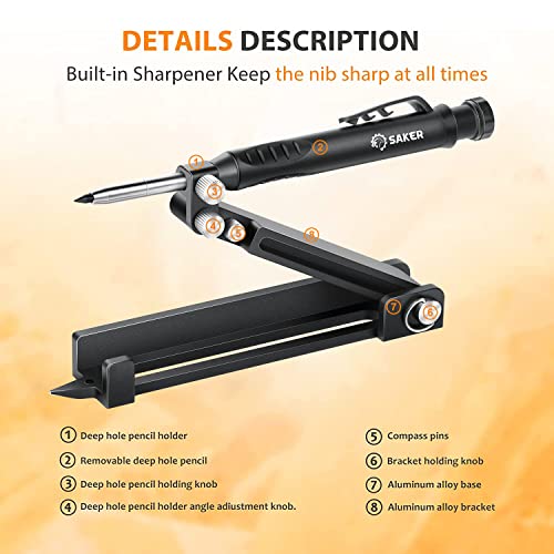 Saker Multi-function Scribing Tool- Construction Pencil- Aluminum Alloy Scribe Tool with Deep Hole Pencil,DIY Woodworking Scribe Gauge Scriber Line Maker Measuring Tool,Multifunctional Tools - Image 4