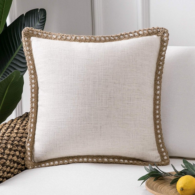 Phantoscope Farmhouse Solid Throw Decorative Pillow Cover Burlap Linen Trimmed Tailored Edges Outdoor Pillow Off White 20 x 20 inches, 50 x 50 cm, Pack of 1 - Image 1