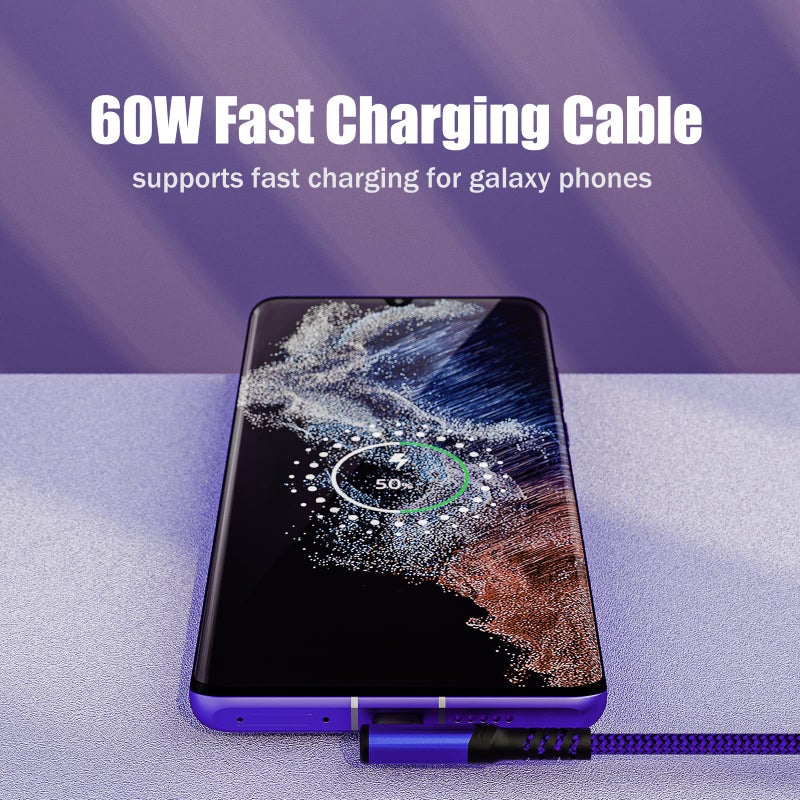 Besgoods Type C Charger Fast Charging, Right Angle USB to USB C Cable [10ft] Braided Cord Compatible with iPhone 16/15, Galaxy S24/S23/S22/S21 FE/S20/S10/S9/S8, Note 9/8, A15/A14/A03s [2Pack,Purple] - Image 2