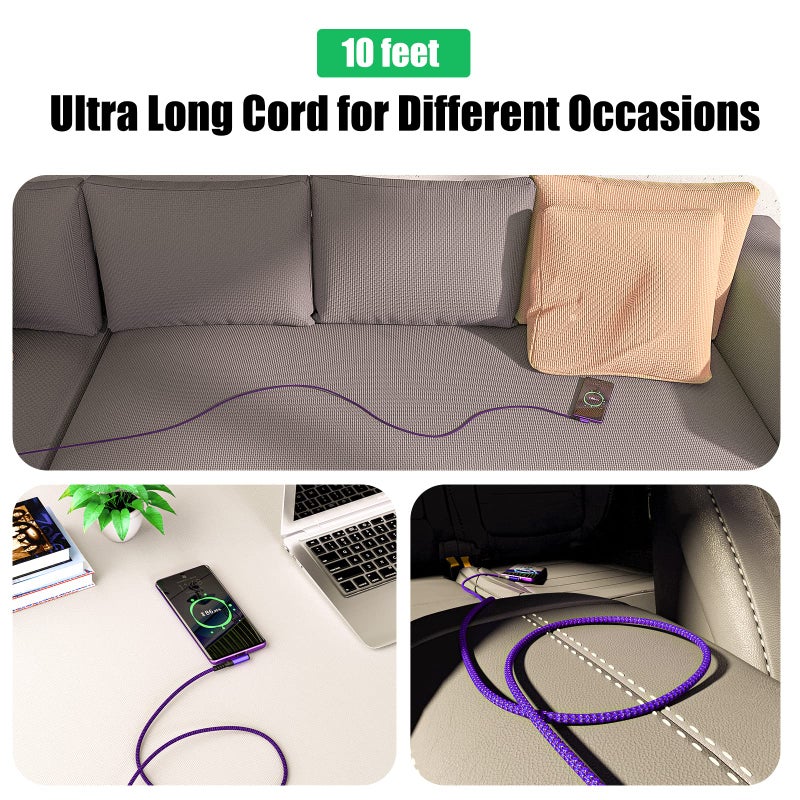 Besgoods Type C Charger Fast Charging, Right Angle USB to USB C Cable [10ft] Braided Cord Compatible with iPhone 16/15, Galaxy S24/S23/S22/S21 FE/S20/S10/S9/S8, Note 9/8, A15/A14/A03s [2Pack,Purple] - Image 4