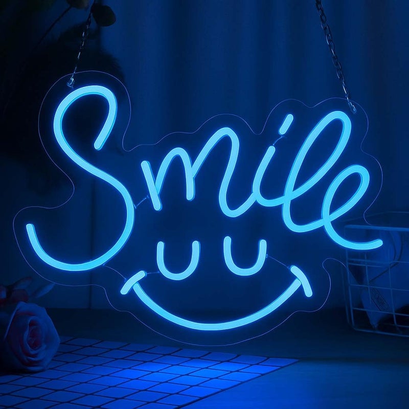 Horoof Home Smile Neon LED Wall Light - 32 x 22 cm Blue Acrylic Smiley Face Decor - Image 2