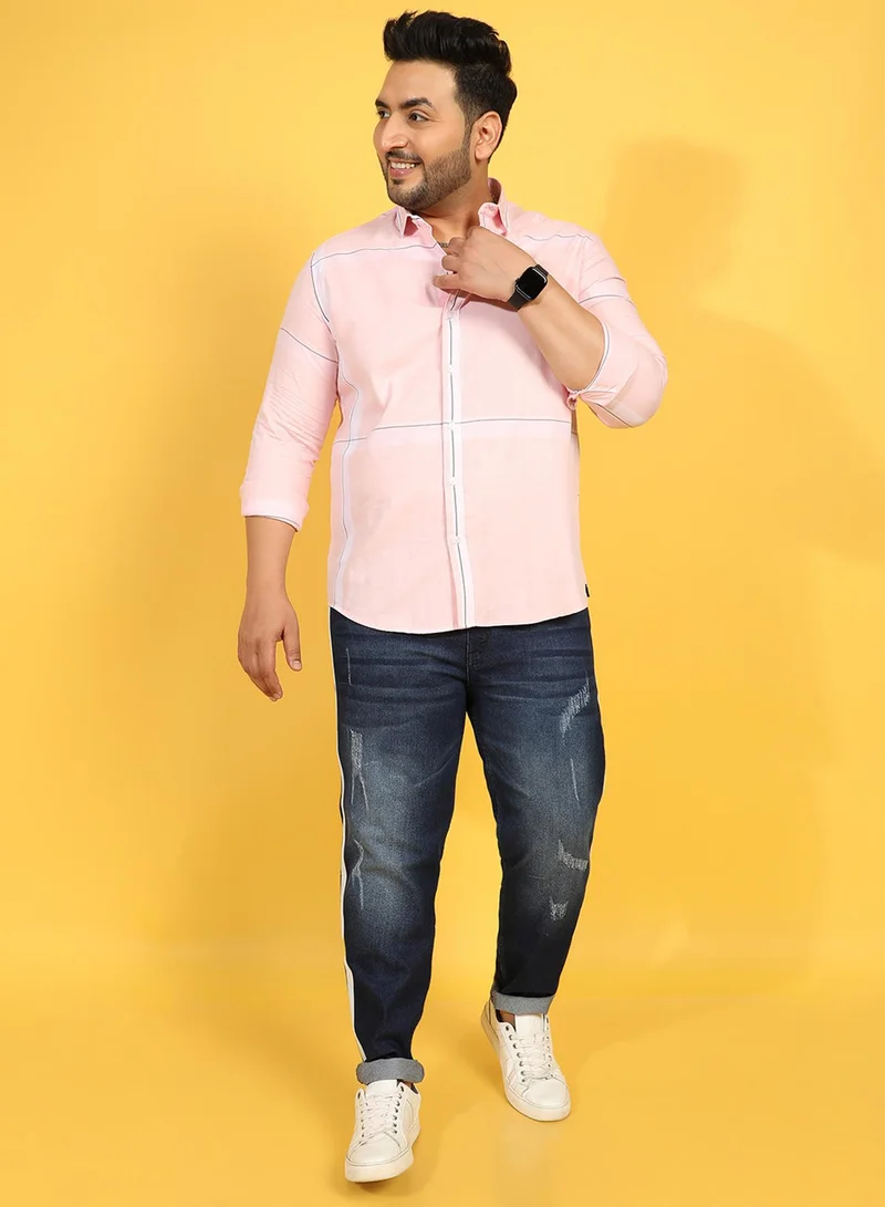Instafab Plus Instafab Plus Men's Pink Pastel Striped Button Up Plus-Size Fit Shirt For Casual Wear | Cotton Twill Spread Collar Shirt Crafted With Regular Sleeve & Comfort Fit For Everyday Wear