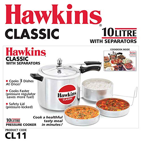Hawkins Classic 10 Litre Pressure Cooker | Straight Body | Gas Compatible | Ideal for 10–14 persons | with Separator Set | ISI Certified | 5 Year Guarantee | Silver (CL11) - Image 3