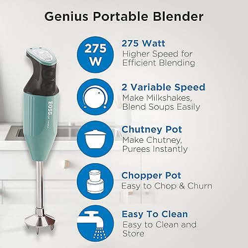 BOSS Genius Portable Hand Blender | 5 Years Warranty* | Powerful 275 W Motor | Chopper & Chutney Attachments | Variable Speed Control | ISI-Marked, Pink - Image 2