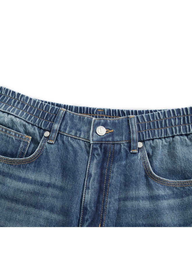 Cabbeen Men's Blue Cotton Denim Logo Embossed Straight-leg Casual Jeans Winter Pants - Image 1