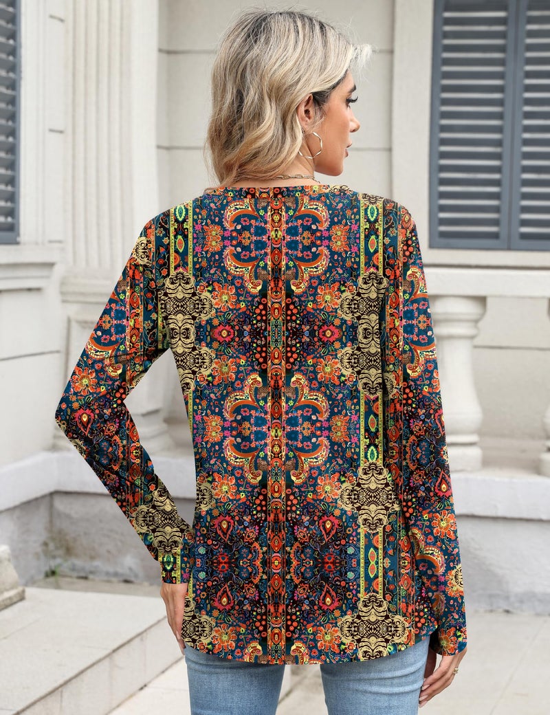 TCOT Women's Crew Neck Long Sleeve Spring Dressy Shirt Tunic Tops Business Ladies Casual Blouses Casher Flower XL - Image 3