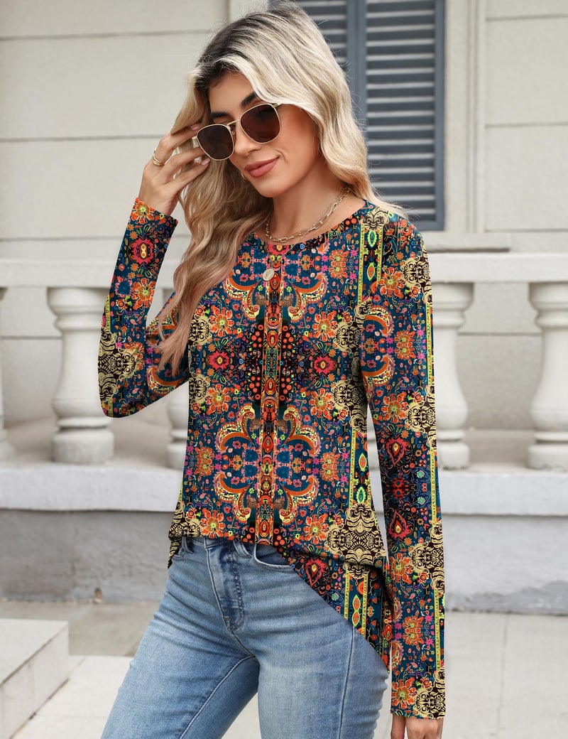 TCOT Women's Crew Neck Long Sleeve Spring Dressy Shirt Tunic Tops Business Ladies Casual Blouses Casher Flower XL - Image 4