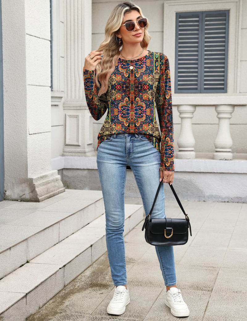 TCOT Women's Crew Neck Long Sleeve Spring Dressy Shirt Tunic Tops Business Ladies Casual Blouses Casher Flower XL - Image 5
