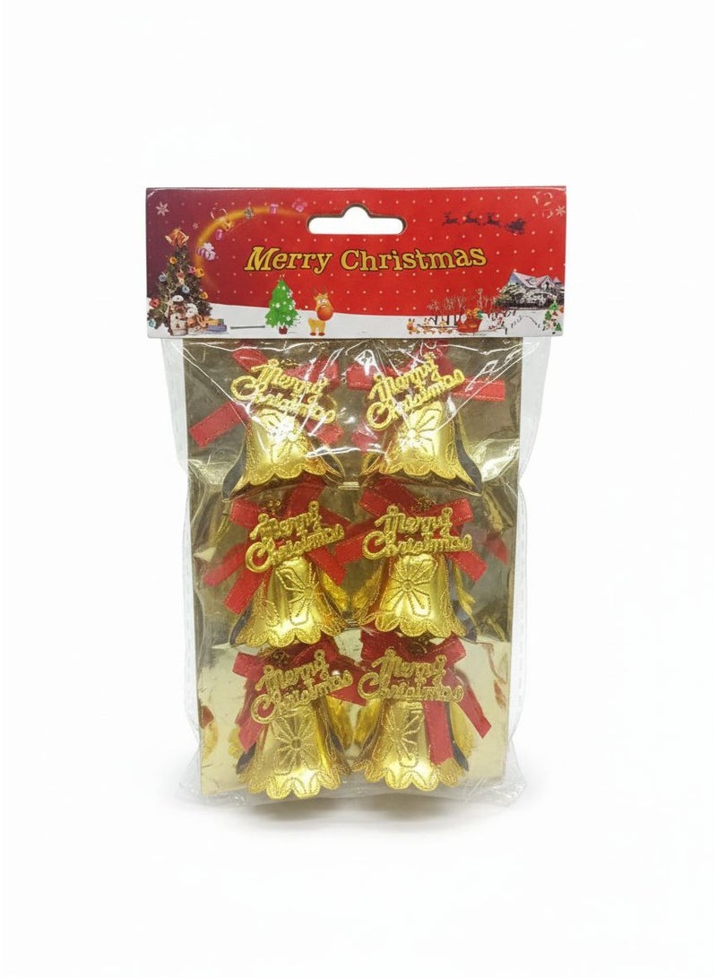 6 Christmas tree bells with red bows and the words "Merry Christmas" in gold.