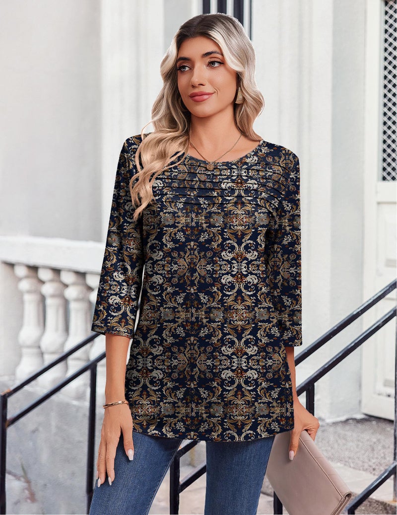 Zeagoo 3/4 Length Sleeve Womens Spring Blouses Trendy Casual Summer Tops Loose Fit Dressy Pleated Boho Tunic Shirts - Image 3